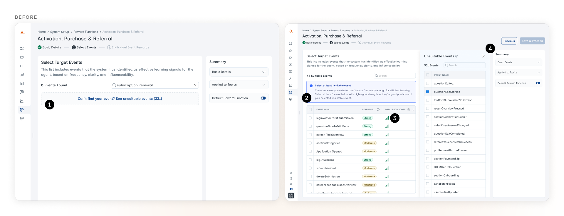 Workflow 2 Select Events Before and After with 4 numbered callouts